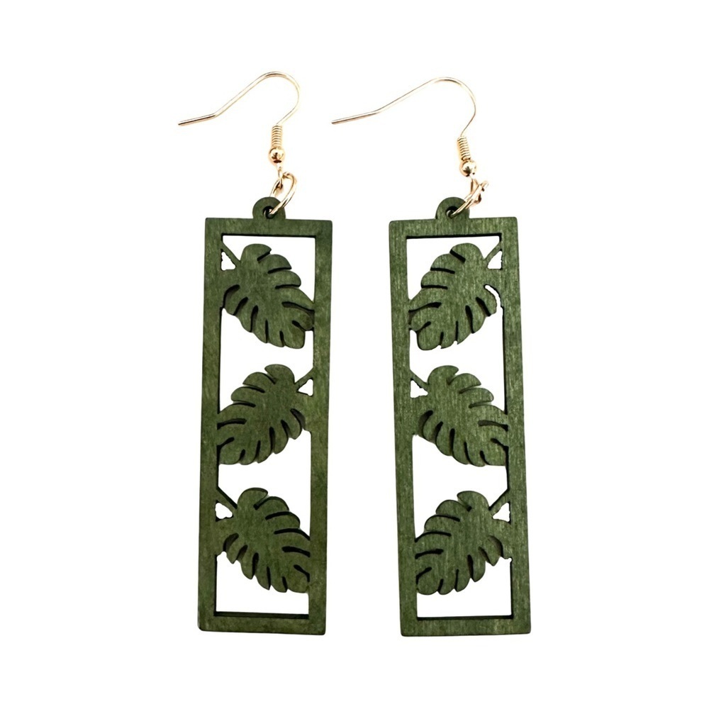 ⭐️ 5 for $25 Green Painted Wood Carved Earrings Gold Tone Hoops